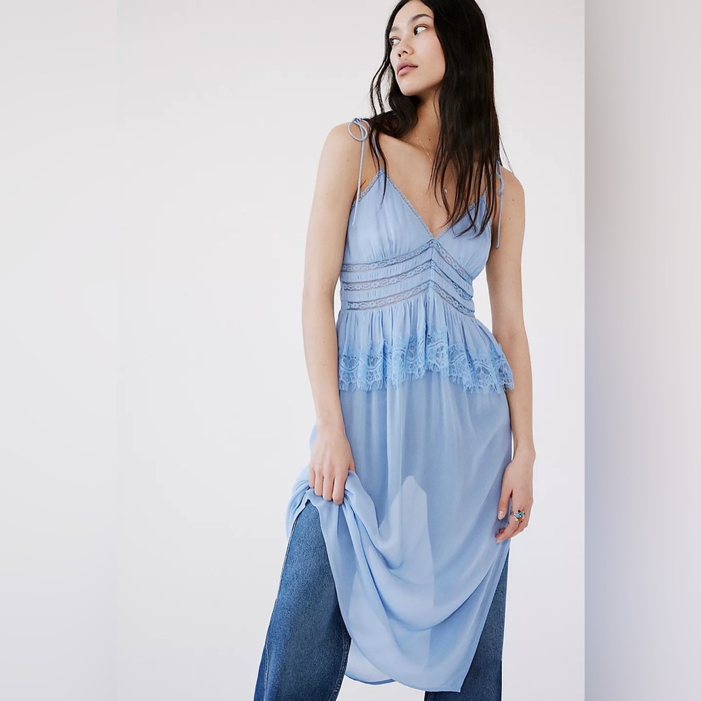 Free People Light Blue Maxi Slip Dress with Lace Trim